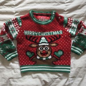 Festive Red Christmas Sweater with Reindeer Design, Size 18-24months, Unisex